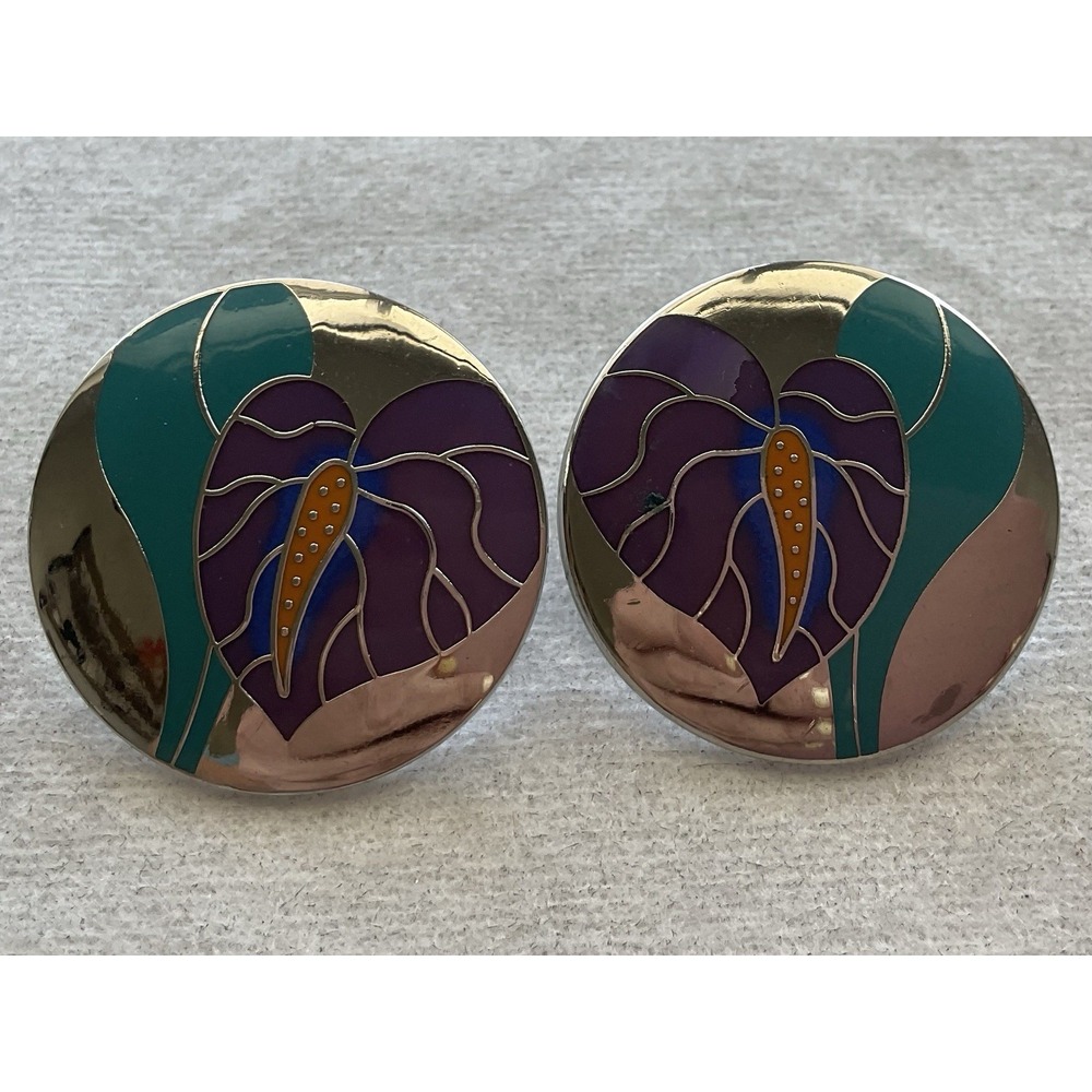 vintage Laurel Burch "Anthurium" round cloisonné enamel earrings Estate Jewelry